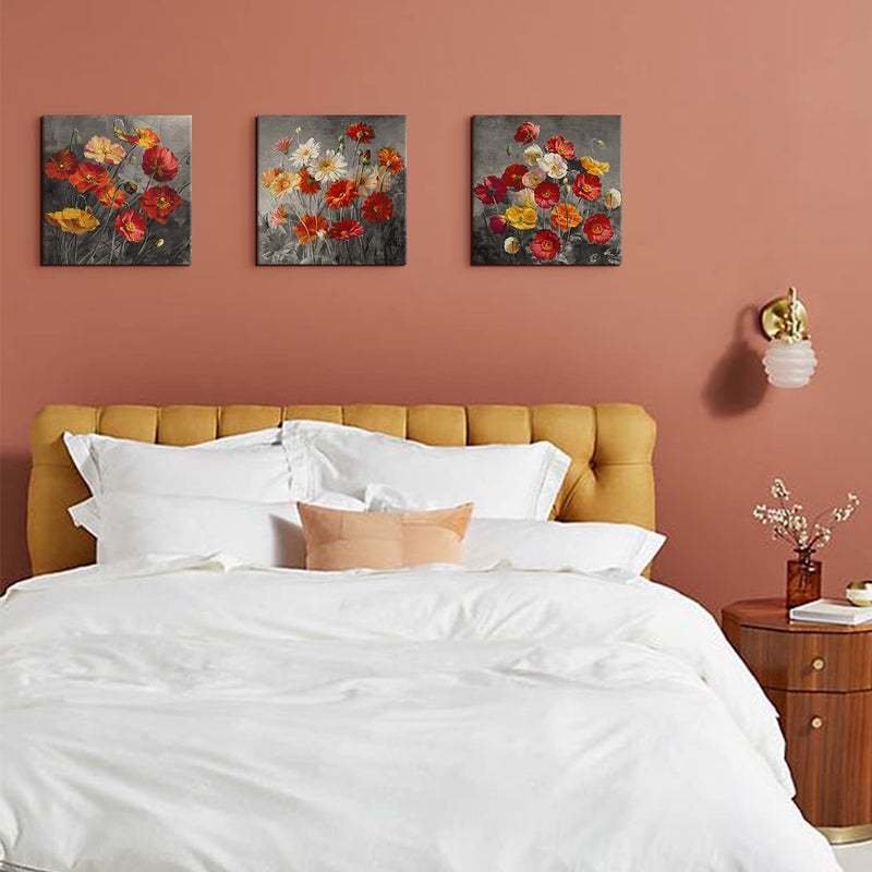 sunfrower 3 Piece Poppy Wall Art Burnt Orange Flower Pictures Wall Decor Bedroom Wildflower Paintings Daisy Poppies Posters Canvas Prints Black and Grey Botanical Artwork for Living Room Home Decorations 12x12" - Image 2